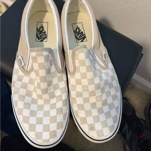 Vans Beige and White Checkered Slip-Ons